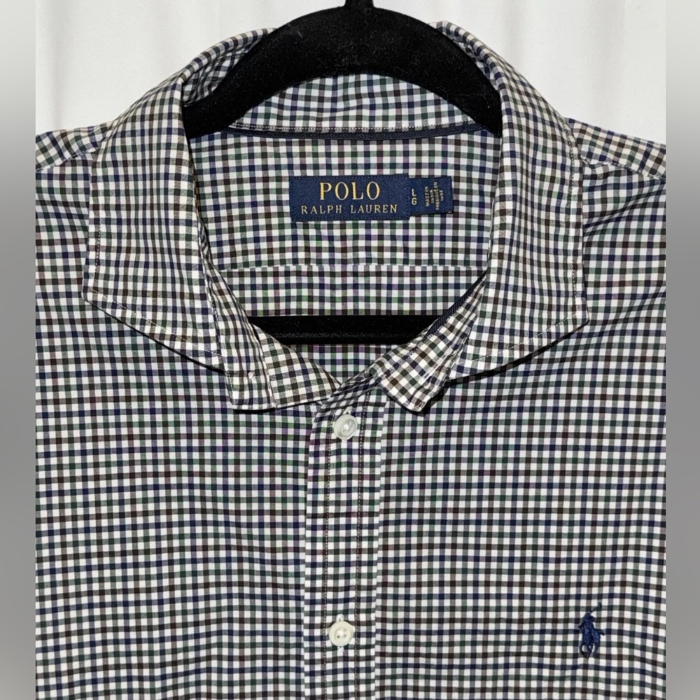Polo Ralph Lauren Shirt Check Plaid Navy Green white Long Sleeve Pony Mens L